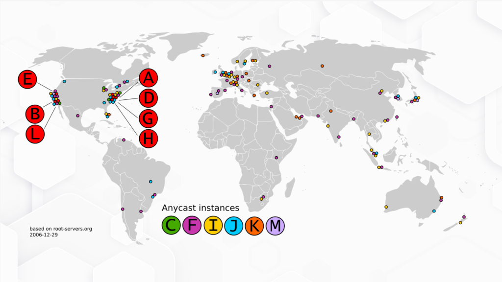 Географическое расположение корневых серверов и их
					инстанций в мире на 2006 год