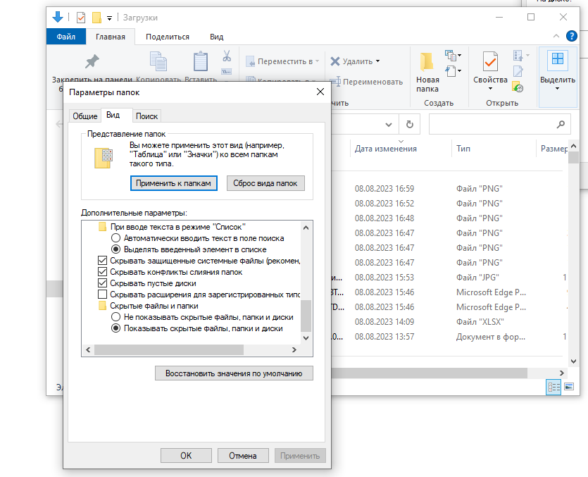 Настройка отображения скрытых и системных файлов в Windows